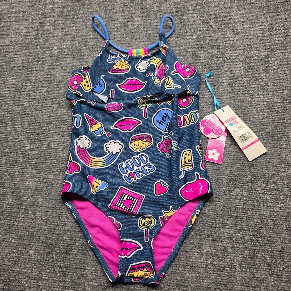 Limited Too Girls Swimsuit 6X Blue Pink Neon Rainbow Pop Art Beach Faux Denim